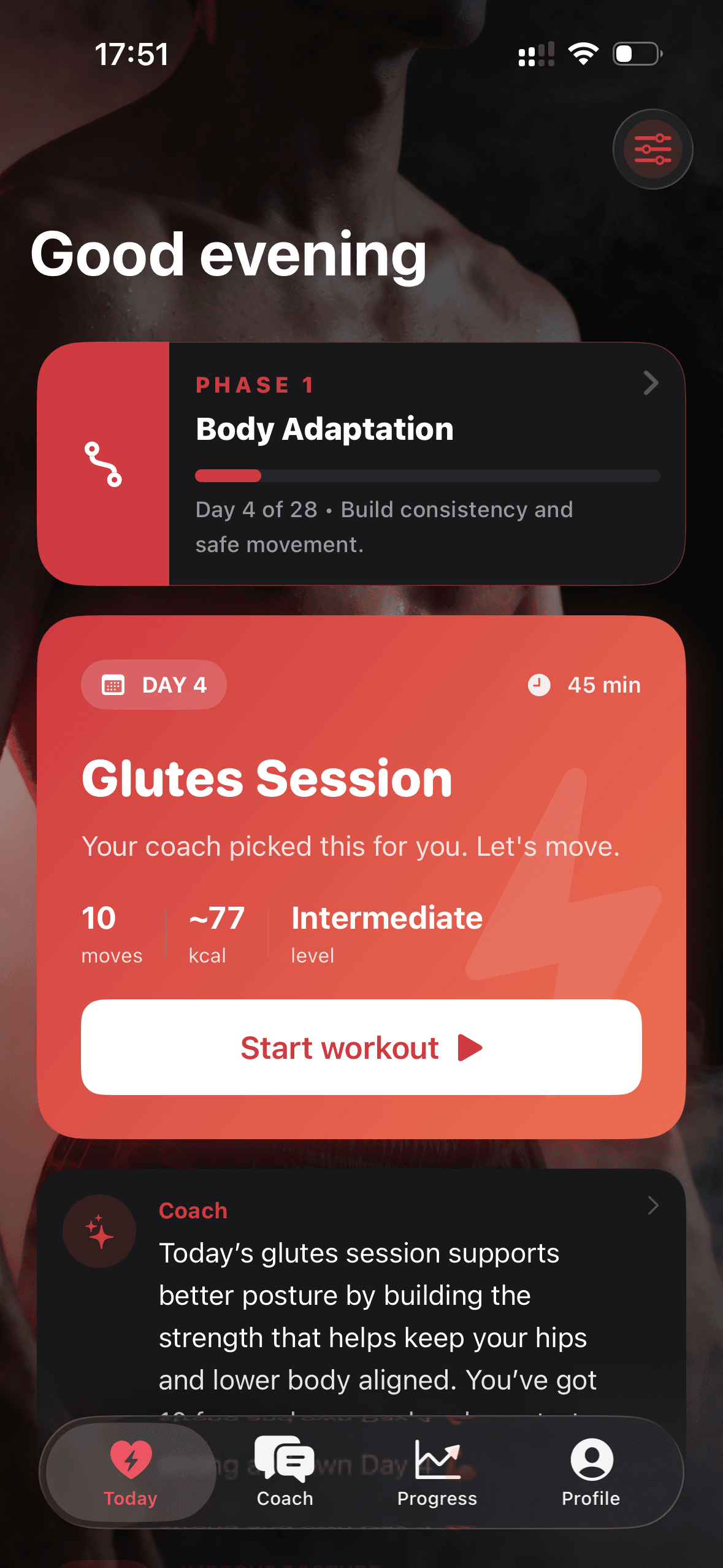 Home Screen in the Fitnic iOS app