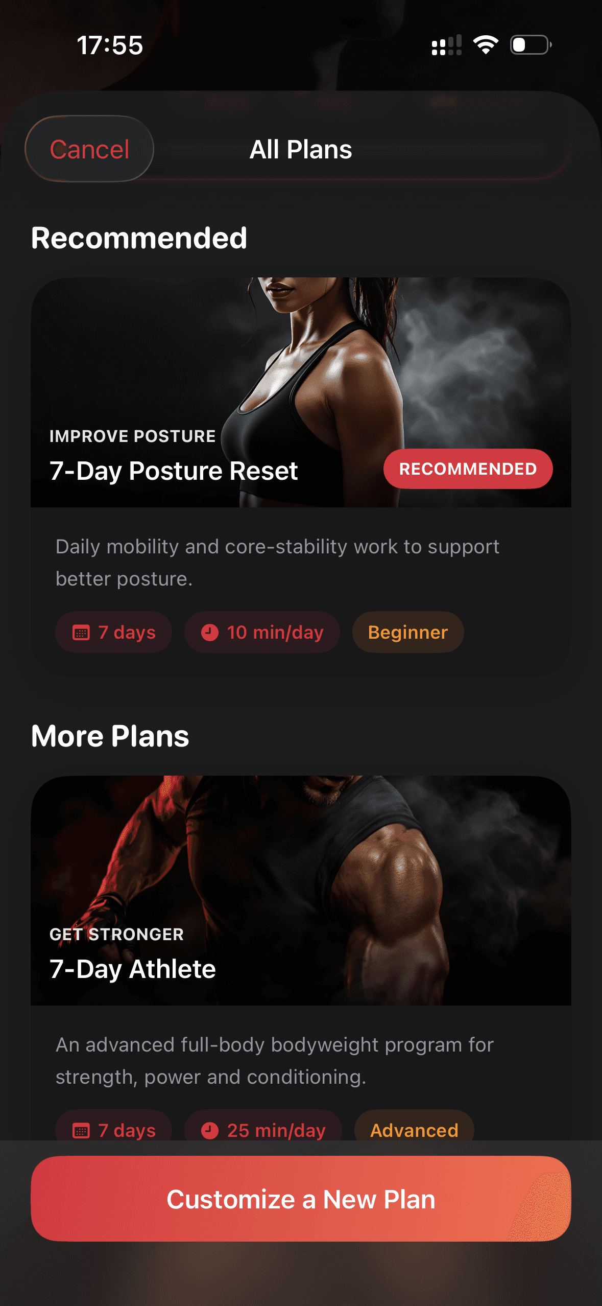 All Plans Screena in the Fitnic iOS app